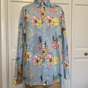 Light Blue Slim Fit Tropical Floral Button Down Shirt Long Sleeve Sz‎ L 16/16.5